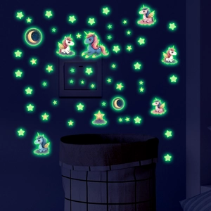 Luminous unicorn and stars wall stickers glowing in the dark for kids room decor
