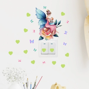 Watercolor fairy mother and baby wall sticker set with glowing heart and butterfly decals