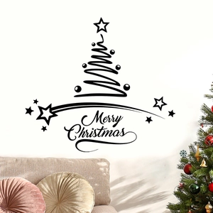 Minimalist black Christmas tree wall sticker with Merry Christmas text for home decor