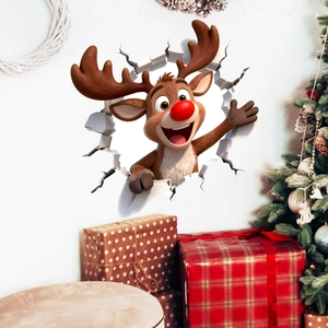 Detail showing a 3D wall sticker with a cartoon reindeer breaking through a white wall