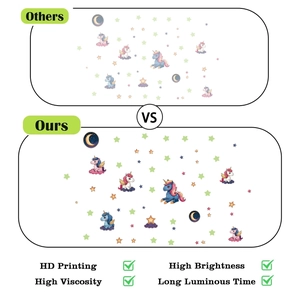 Comparison showing high-definition printing and brightness of luminous unicorn wall stickers