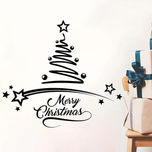 Close-up of minimalist black Christmas tree wall decal with Merry Christmas text