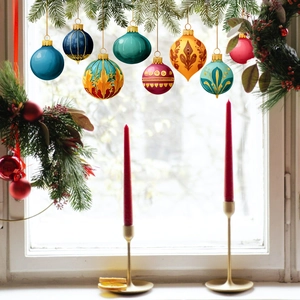 Stickers de Noël pour fenêtres avec boules colorées rétro et décor de branches de pin