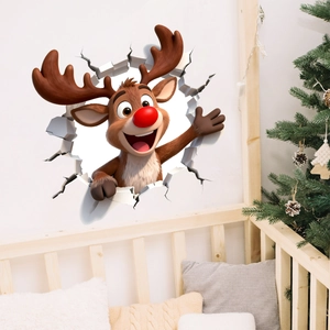 Detailed 3D wall decal of a smiling cartoon reindeer in a cozy nursery setting