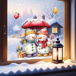 Christmas snowman with red umbrella window static sticker for cozy winter home decoration