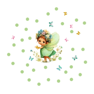 Cute fairy wall sticker with green dress and colorful butterflies for kids room decor
