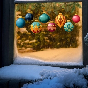 Stickers de Noël pour fenêtres avec boules colorées et branches enneigées pour décoration