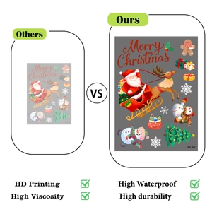 Close-up of waterproof PVC Christmas stickers showing Santa and reindeer high-definition print