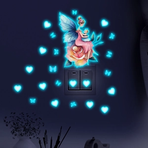 Luminous fairy with hearts and butterflies wall stickers glowing in the dark blue