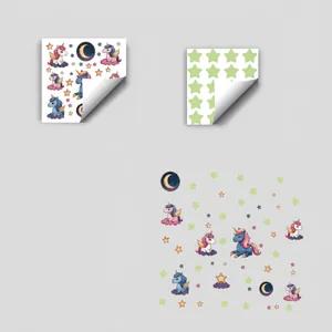 Luminous unicorn and star wall stickers set for kids room with detailed size charts