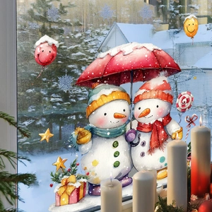 Christmas snowman wall stickers with red umbrella and colorful balloons for window decor