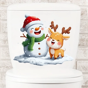 Christmas snowman and reindeer self-adhesive bathroom toilet lid stickers for home decor
