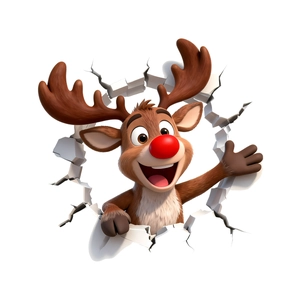 Festive 3D wall decal featuring a smiling Christmas reindeer with a red nose and cracked effect