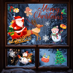 Christmas window decals set with Santa sleigh, snowmen and Merry Christmas text decor