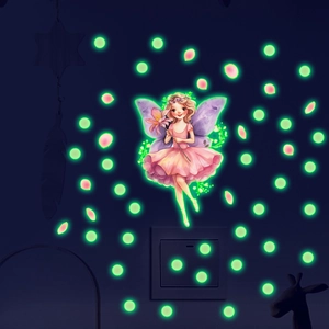 Stickers muraux phosphorescents avec fée en robe rose et pois lumineux pour chambre d'enfant