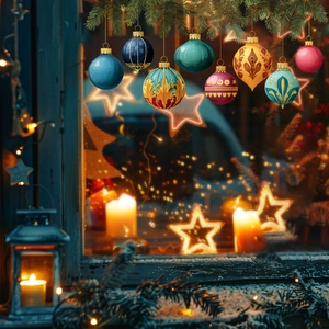 Détail de boules de Noël décoratives suspendues à une branche de pin givrée et festive