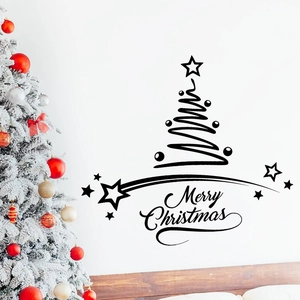 Detail view of black Merry Christmas wall sticker with minimalist tree design and star decor