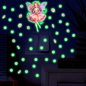 Stickers muraux lumineux avec une fée en robe rose et points fluorescents dans le noir
