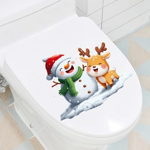 Detailed close-up of cartoon snowman and reindeer Christmas toilet seat stickers on white lid