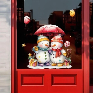 Detailed view of Christmas snowman wall stickers with red umbrella on glass door