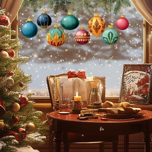 Détail de boules de Noël colorées aux motifs dorés suspendues à des branches de pin
