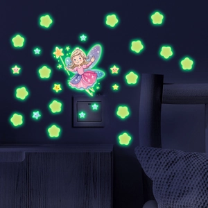 Luminous wall stickers featuring cartoon fairy with magic wand and cute glowing stars