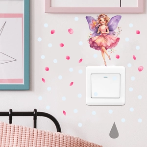 Sticker mural fée lumineuse avec robe rose et pois pour décoration chambre enfant