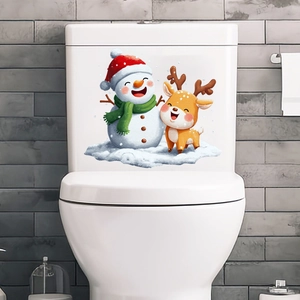 Detailed view of snowman and reindeer Christmas stickers on a white toilet tank