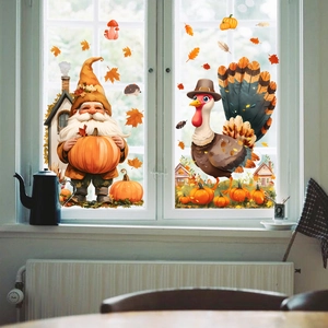 Detail of harvest gnome and autumn maple leaf static window clings for Thanksgiving decor