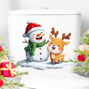 Detailed view of snowman and reindeer Christmas stickers on a white toilet tank