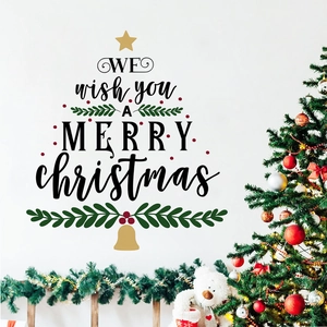 Detail of creative Merry Christmas tree wall sticker with gold stars and red berries