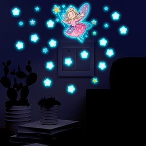 Luminous fairy and stars wall stickers set with blue glow effect for light switch decor