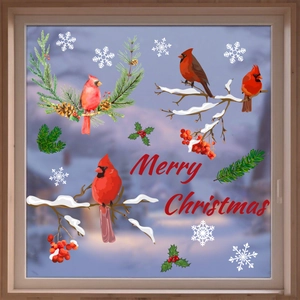 Christmas window stickers with red cardinals, pine branches and Merry Christmas text