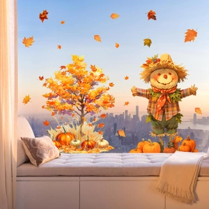 Thanksgiving Autumn Maple Tree Scarecrow Pumpkin Static Cling Window Stickers For Glass Harvest Festival Home Room Decoration