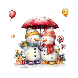 Watercolor Christmas wall stickers with snowmen under a red umbrella and gift boxes