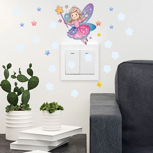 Glow in the dark fairy with stars wall stickers for kids room and light switch decor