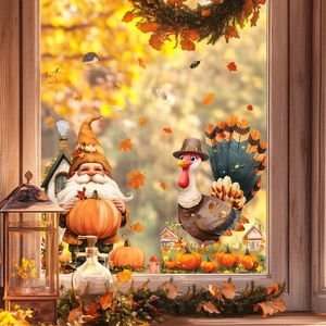 Detail view of Thanksgiving gnome stickers with pumpkins and autumn leaves on glass window