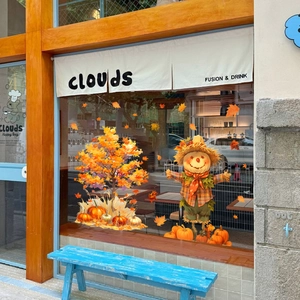 Thanksgiving harvest window stickers with maple tree, scarecrow, and pumpkins decor