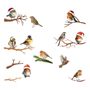 Christmas window decals with artistic birds, snowflakes, and festive winter branches