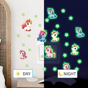 Luminous unicorn and star wall stickers showing day and night glowing effect comparison