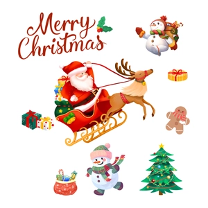 Christmas static window stickers featuring Santa on a sleigh, snowmen and decorated trees