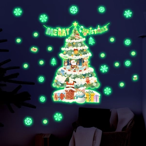 Luminous Christmas tree wall stickers with glowing snowflakes and Merry Christmas banner
