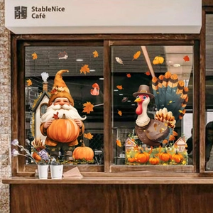 Thanksgiving window stickers with gnomes, pumpkins, and maple leaves for autumn decor