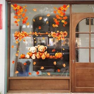 Close-up of cute cartoon bears on a swing with autumn maple leaves window static sticker