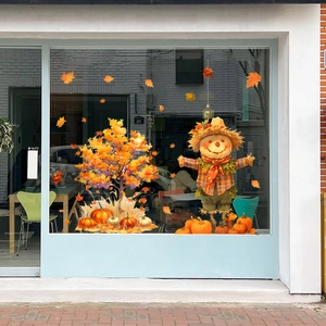Thanksgiving window clings set featuring maple tree scarecrow and pumpkins decoration