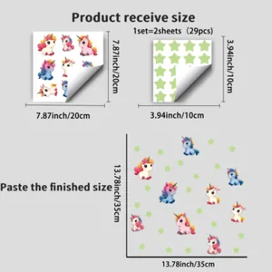 Size chart for glowing unicorn wall stickers showing 20x20cm and 10x10cm sheets dimensions