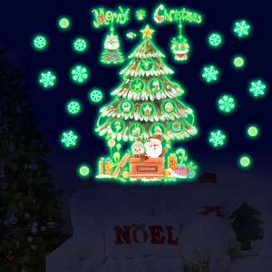 Luminous Christmas tree wall stickers with glow-in-the-dark stars and snowflake details
