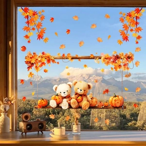 Detail of cute bears on a swing with orange maple leaves window static stickers