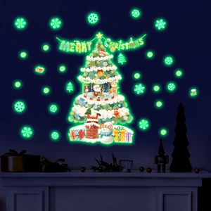 Glow in the dark Christmas tree wall stickers with luminous snowflakes and merry christmas banner