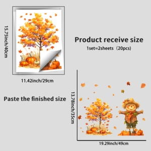 Thanksgiving static window stickers set with maple tree, scarecrow and pumpkin decals